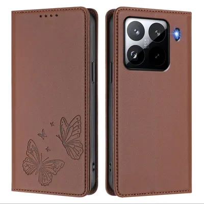 Produktbild von Lederhülle für Xiaomi 15 Pro, Schmetterling Prägung Leder Brieftasche Schutzhülle mit Ständer Braun