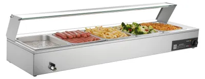 Image de SucceBuy : Chaufferock alimentaire commercial avec couvercle en verre et 5 récipients (taille 1/2), chauffe-plats en acier inoxydable de 1,5 kW, idéal pour les restaurants, les fêtes et les buffets. Ce chauffe-plats utilise un bain-marie pour maintenir les aliments au chaud