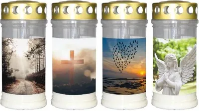 Produktbild von Grablichter mit Motive, 12er Set sortiert, Brenndauer 4 Tage