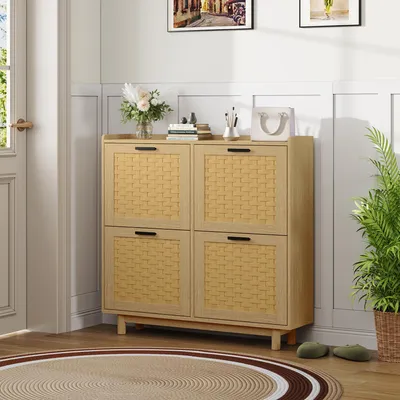 Produktbild von UnboxG Schuhschrank Eichenoptik mit Rattan-Imitation, 4 Klappfächer, Staubdichter Schuhschrank zum Umklappen, Anti-Kipp-Design für Eingangsbereich