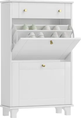 Image de HOMCOM Meuble chaussure entrée étroit, armoire à chaussures avec tiroirs à portes abattants et étagère réglable, meuble d'entrée et couloir 8 paires, pour entrée et couloir 60 x 23,5 x 98,5 cm, blanc