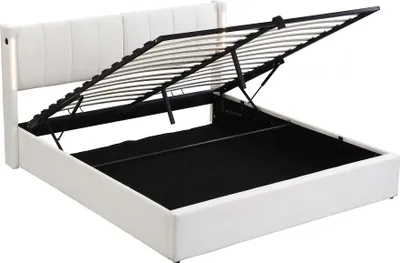 Produktbild von Flieks Polsterbett 140x190cm mit USB, Stauraumbett Doppelbett mit Lattenrost und Verstellbarem Kopfteil, Boxspringbett Jugendbett mit LED, PU, Weiß