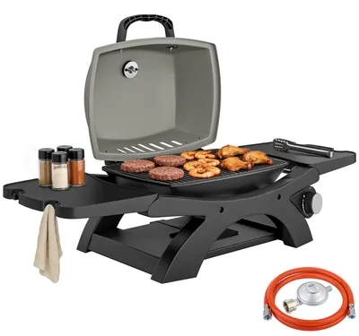 Produktbild von Gasgrill 3,3 KW Tischgrill mit 1 Brenner klappbar Seitentischen Gusseisen Grillroste herausnehmbar Fettauffangschale