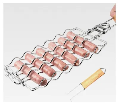 Produktbild von Edelstahl Wurstgrillkorb für BBQ mit 6 Hot Dog Grillrosten und abnehmbarem Holzgriff