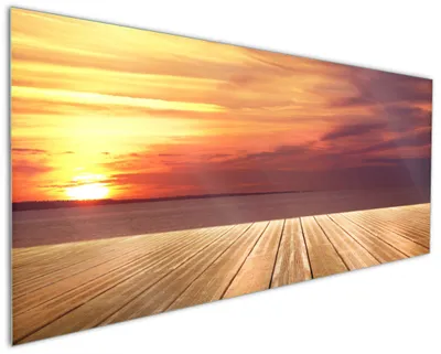 Produktbild von Wallario Küchenrückwand aus Glas, Größe: 125 x 50 cm, Motiv: Steg am See - Sonnenuntergang und roter Himmel | Spritzschutz | abwischbar | pflegeleicht | in