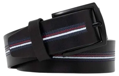 Image de Tommy Hilfiger - Ceinture pour homme, rayée, cuir de vachette, logo NA1443 (100 cm) (bleu marine foncé)