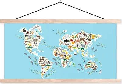 Produktbild von MuchoWow® Textilposter Weltkarte Kinder - Tiere - Blau 60x30 cm mit holzfarbenen Rahmen - Dekoration