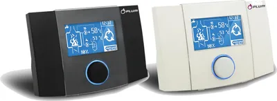 Two digital thermostats, one black and one white, are shown side-by-side against a white background.
