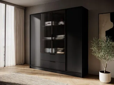 Produktbild von Kleiderschrank – Schlafzimmerschrank – KELLY 4D RM – 206 cm – Schwarz – Regale – Aluminiumrahmen – Glaselemente – Modernes Design für Schlafzimmer