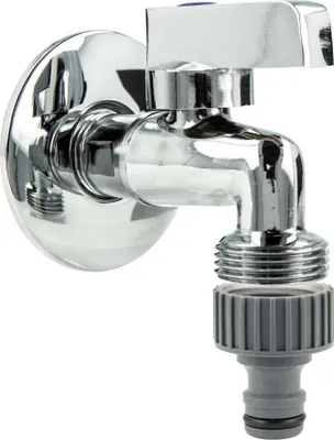A close-up studio shot of a chrome faucet with a gray hose connector.