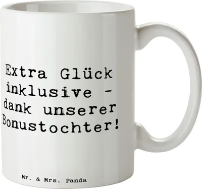Produktbild von Mr. & Mrs. Panda Becher Spruch Bonustochter Glück - Weiß - Geschenk, Verwandte, Stieftochter, Kaffeebecher, Familie, Liebe, Familienleben, Kaffeetasse, Tasse, bedruckt