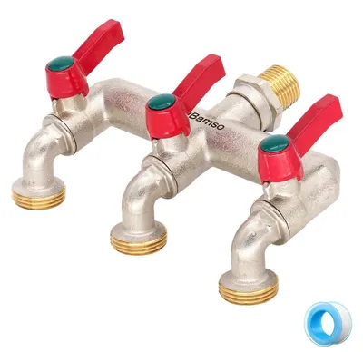 Image de Distributeur de robinet à 3 voies, en laiton, avec une entrée de 1/2" et trois sorties de 3/4"