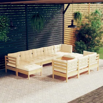 Produktbild von 10-tlg. Garten-Lounge-Set mit Creme Kissen Massivholz Kiefer , Gartenmöbel-Sets Design 2024