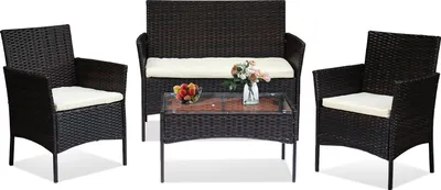 Produktbild von TolleTour 4-teiliges Gartenmöbel Set, Balkonmöbel mit Kissen, Polyrattan Balkonset mit Sessel und Tisch, Sitzgruppe Terrassenmöbel Rattanmöbel für Balkon, Garten, Veranda,Schwarz