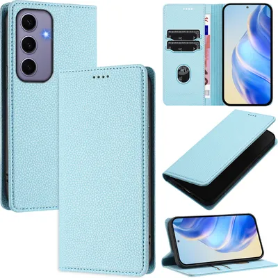 Produktbild von Litchi Leder Handyhülle für Samsung Galaxy S24 Wallet Kartenfächer Standfunktion Hülle Hellblau