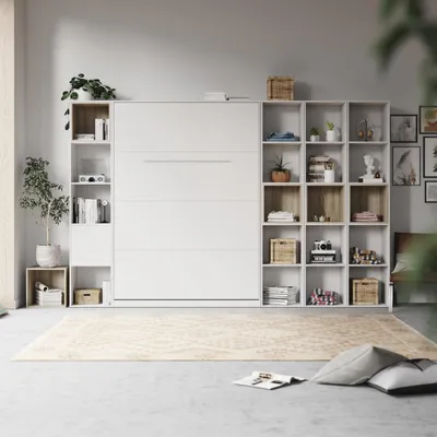 Produktbild von SMARTBett WOHNWAND Schrankbett 140x200 Vertikal mit Regalen Weiss/Eiche Sonoma