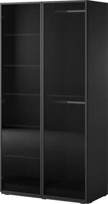 A black wardrobe with glass doors.