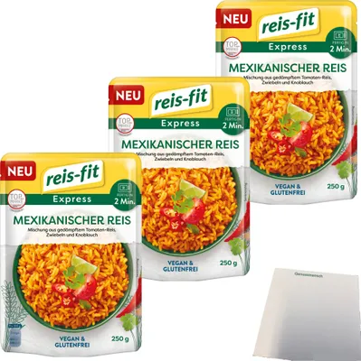 Produktbild von Reis-Fit Express mexikanischer Reis Vegan und Glutenfrei 3er Pack (3x250g Packung) + usy Block