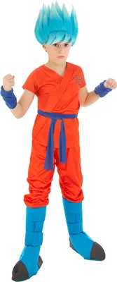 A child wearing a Son Goku Super Saiyan God costume.