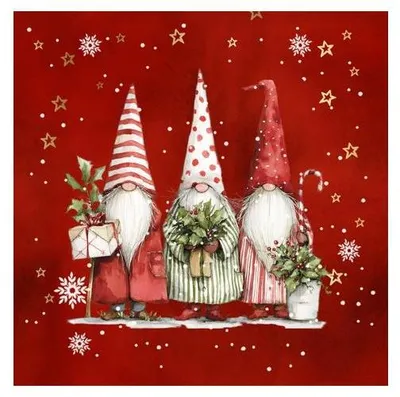 Produktbild von 20 Servietten Roliga Julnissar - Drei Winterwichtel auf rot 33x33cm