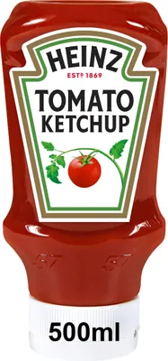 A bottle of Heinz Tomato Ketchup.