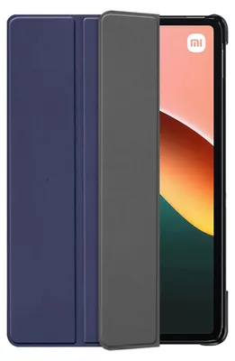 A tablet case is shown partially open, revealing a tablet screen with a colorful wallpaper.
