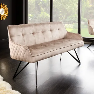 Produktbild von Riess-Ambiente Sitzbank EUPHORIA, champagner greige, Hairpin Legs schwarz, Armlehnen, Samt, pulverbeschichtetes Metall, Retro-Look, Esszimmer, B 156 x H 84 x T 58 cm