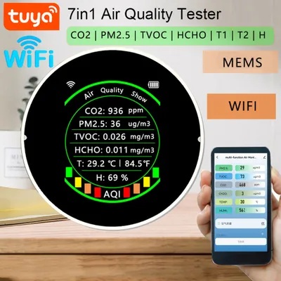 Zdjęcie produktu dla Tuya Wifi 7w1 Wielofunkcyjny miernik jakości powietrza PM2.5 CO2 TVOC HCHO AQI Tester temperatury i wilgotności Przenośny kolorowy wyświetlacz Detektor dwutlenku węgla z funkcją progu alarmowego