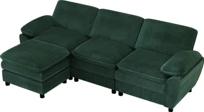Immagine prodotto di AIORBER Divano moderno modulare a L con pouf, in velluto a coste, divano combinato a 3 posti, pouf rimovibile, comodo, flessibile per il soggiorno, verde