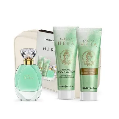 Obrázok produktu pre KBruShop HERA 3-Set - telové mlieko, sprchový gél, parfum a kozmetická taštička: komplexná starostlivosť