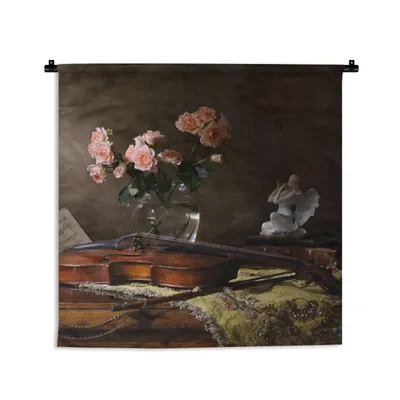 Produktbild von MuchoWow® Wandteppich Wandbehang Geige - Stilleben - Blumen 60x60 cm Tapisserie Dekoration Wandtuch - Dekorationen - Wand Decke