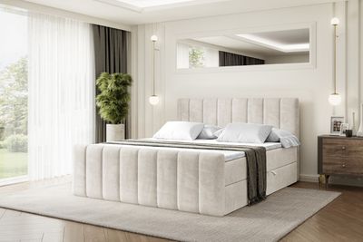 ALTDECOR Boxspringbett OTTA-Z,  Polsterbett mit Kopfteil, Bettkasten, Fußteil - Mittelfest (H3) Matratze - 180x200 - Taupe Samt