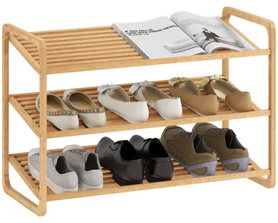 Image de Étagère à chaussures en bambou - Pour l'entrée - 3 niveaux - Capacité de charge : 30 kg - À assembler soi-même - Bois naturel