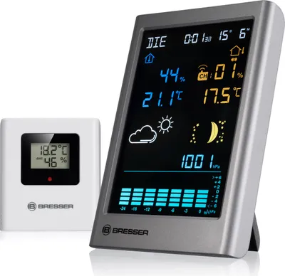 Produktbild von Bresser Funk-Wetterstation mit grafischer Wettervorhersage, Luftdruck-Historie, Temperatur- und Luftfeuchtigkeitsmessung, Funksensor