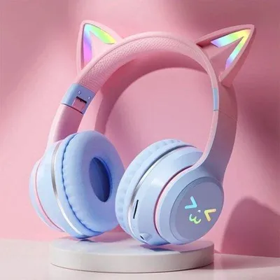 Produktbild von Kinder-Kopfhörer - drahtloses - LED-Beleuchtung - Katzen - aufklappbar - Bluetooth - 10-Stunden-Akku - Rosa