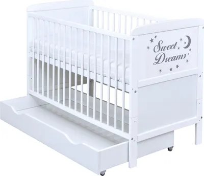 Produktbild von Baby-Delux Babybett Gitterbett Kinderbett Sweet Dreams 140x70 weiß inkl. Beißschienen Schublade, höhenverstellbar