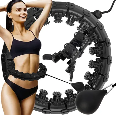 A woman is shown wearing a hula hoop around her waist, with the hula hoop and its weight accessory also displayed separately.