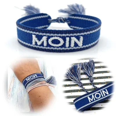 Produktbild von LS-LebenStil Canvas Statement Armband Moin Blau Weiß besticktes Stoffarmband gewebt textiles Quasten Spruch Boho Geschenk Freundschaftsarmband