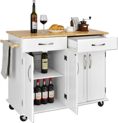 Immagine prodotto di Carrello da cucina KOMFOTTEU, isola da cucina con piano di lavoro, carrello di servizio in legno con ruote bloccabili (bianco)