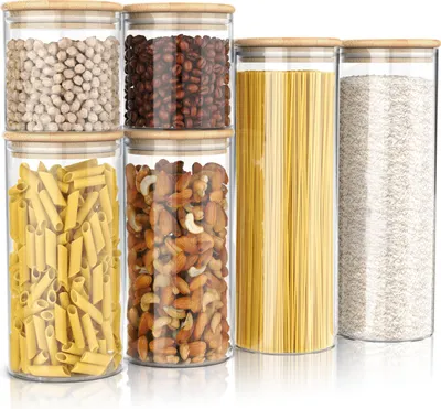 Immagine prodotto di Set di barattoli Arendo con coperchio in bambù, barattoli in vetro 2x 0,785L, 2x 1,57L e 2x 2,2L, barattoli per la conservazione, ermetici, vetro borosilicato, bambù, silicone, set di 6, resistenti al calore, ecologici, durevoli, adatti al microonde