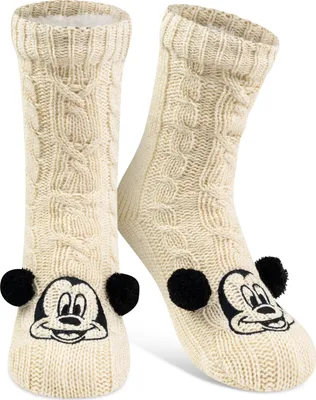 Produktbild von Disney Mickey Mouse Hüttensocken - Strick Haussocken mit Ohren und Sherpa Futter für Damen Kuschelsocken Flauschige Wintersocken warme Frauen Socken OneSize Weiß, Größe:38-43