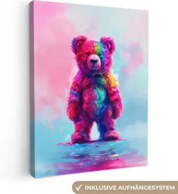 Produktbild von MuchoWow® - Leinwandbilder - Bär - Bunt - Tier, Wandbild, Wanddeko Bilder Wohnzimmer, 90x120 cm
