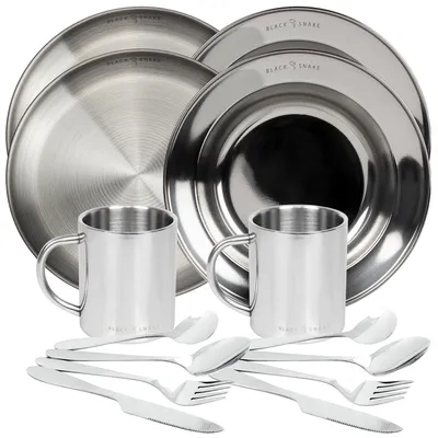 Produktbild von Camping Geschirr Set Edelstahl 2 Personen Teller Tassen Besteck Outdoor