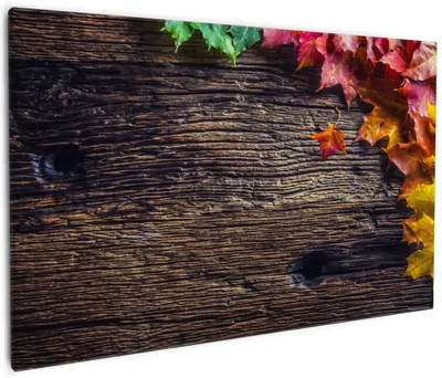 Produktbild von Wallario Premium Leinwandbild Herbstblätter auf altem Holz in Größe 60 x 90 cm
