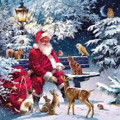 Santa Claus sitting on a bench in a snowy forest with various animals around him.