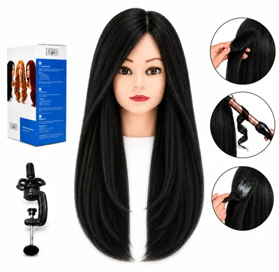 Productafbeelding van Oefenhoofd Jessica 65 cm black - Kappershoofd van echt haar inclusief tafelklem, AI-gegenereerde afbeelding