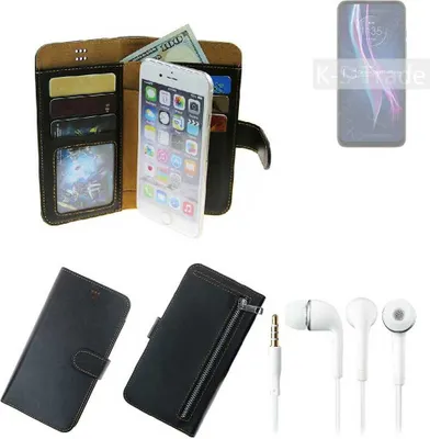 Produktbild von TOP SET Handy Hülle Schutz Hülle kompatibel mit Motorola One Fusion+  schwarz aus Kunstleder + Kopfhörer Smartphone Tasche vollwertige Geldbörse