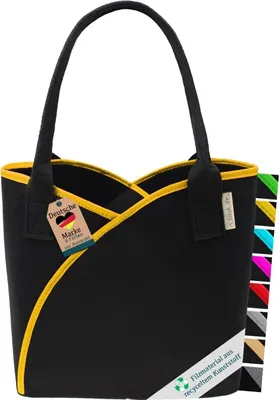 A black felt tote bag with yellow trim and a tag.