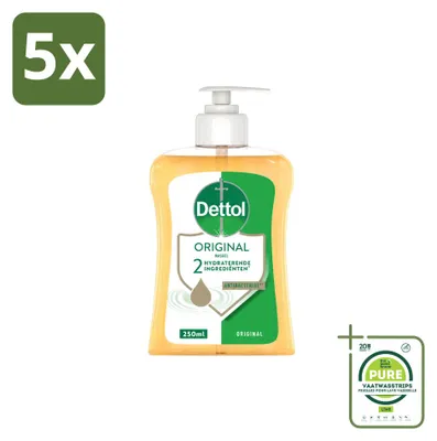 Immagine prodotto di 5 flaconi di sapone liquido antibatterico per le mani Dettol, profumo originale, da 250 ml ciascuno. Confezione grande, 5 pezzi