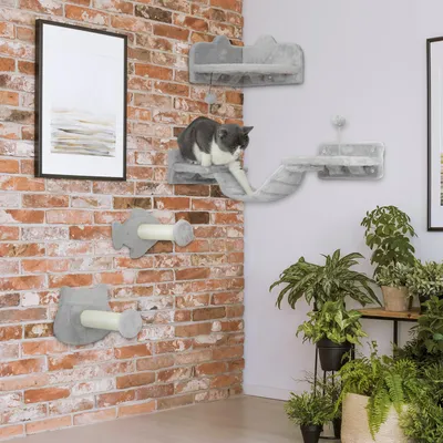 Produktbild von Katzen Kletterwand Set wandmontiert 4-tlg., Wandstufen Katzenmöbel mit Sisal-Stufen, Plüsch Spanplatte, Hellgrau | 90 x 26 cm | 6 kg | bodenfrei